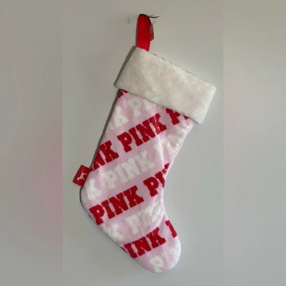 Victoria’s Secret PINK Christmas Stocking Red Logo Pink White Plush Cuff NWT - Picture 1 of 3